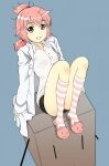  1girl character_request full_body hosshi_(nariagari) labcoat looking_at_viewer pink_eyes pink_hair short_hair simple_background slippers smile solo striped striped_legwear 