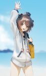  1girl absurdres bag blurry blurry_background brown_eyes brown_hair eyebrows_visible_through_hair hand_up hara_shoutarou highres holding holding_bag kantai_collection looking_at_viewer school_swimsuit short_hair smile solo standing swimsuit yukikaze_(kantai_collection) 