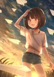  1girl :d arm_up bangs belt black_belt black_hair blush clouds collarbone commentary_request denim denim_shorts eyelashes from_below highres navel open_mouth original outdoors paper_airplane shiny shiny_hair shirt short_sleeves shorts sky smile solo tanbonota46 tongue upper_teeth 