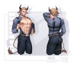  1boy abs animal_ears arknights ass bara beard brown_eyes brown_hair character_request chest come_hither cow_boy cow_ears cow_horns cow_tail cowboy_shot denim facial_hair highres horns jeans male_focus manly mo_si_(z1216150815) muscle navel nipples open_clothes pants pectorals short_hair tail thick_thighs thighs 