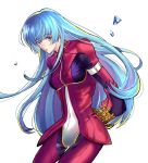  1girl bangs belt blue_hair bodysuit breasts eyebrows_visible_through_hair gloves highres ice kula_diamond long_hair looking_at_viewer simple_background small_breasts the_king_of_fighters violet_eyes white_background 