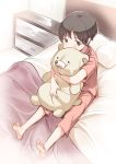  1girl bangs bed black_hair blush brown_eyes brown_pajamas brown_pants brown_shirt chest_of_drawers commentary_request covered_mouth eyebrows_visible_through_hair highres indoors looking_at_viewer object_hug on_bed original pajamas pants piko_(pixiv) pillow shirt short_sleeves sitting solo stuffed_animal stuffed_toy teddy_bear 