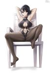  1girl absurdres armpits artist_request black_hair black_legwear breasts chair character_request feet highres large_breasts looking_at_viewer mabinogi navel no_shoes pantyhose see-through short_hair simple_background smile solo thigh-highs toes white_background white_hair 