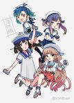  4girls aqua_neckwear bangs black_hair black_legwear blue_hair blue_skirt daitou_(kantai_collection) depth_charge dress fang fukae_(kantai_collection) gloves gradient_hair grey_background hat hip_vent holding kantai_collection light_brown_hair long_hair low_twintails mikura_(kantai_collection) multicolored_hair multiple_girls open_mouth pleated_skirt ponytail purple_hair red_neckwear red_skirt sailor_collar sailor_dress sailor_hat school_uniform serafuku shimin short_sleeves side_ponytail sidelocks simple_background skirt tsushima_(kantai_collection) twintails twitter_username white_gloves white_legwear 