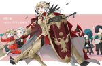  1boy 1other 4girls armor axe black_hair black_shorts blue_hair byleth_(fire_emblem) byleth_eisner_(female) cape closed_eyes closed_mouth edelgard_von_hresvelg fake_horns fire_emblem fire_emblem:_three_houses fire_emblem_heroes flag flame_emperor garreg_mach_monastery_uniform gloves hair_over_one_eye hair_ribbon headpiece holding holding_axe holding_flag holding_shield horns hubert_von_vestra long_hair long_sleeves multiple_girls open_mouth pantyhose red_cape red_legwear ribbon robaco shield shorts simple_background smile uniform violet_eyes white_gloves white_hair 