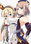  2girls azur_lane bangs beret black_hairband blonde_hair blue_eyes blush bow breast_grab breasts covered_nipples crown ear_blush edoara eyebrows_visible_through_hair gloves grabbing grabbing_from_behind groping hairband hat highres light_brown_hair long_hair medium_breasts mini_crown multiple_girls queen_elizabeth_(azur_lane) shirt short_hair sideboob simple_background sleeveless sleeveless_shirt striped striped_hairband violet_eyes white_background white_bow white_gloves yuri z23_(azur_lane) 