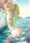  1girl armpits arms_up ass bangs bikini boat breasts breasts_apart c.c. code_geass creayus day eyebrows_visible_through_hair from_side green_hair hair_ribbon long_hair looking_at_viewer looking_to_the_side medium_breasts ocean outdoors partially_submerged pink_ribbon ribbon sideways_glance sketch solo swimsuit very_long_hair water watercraft white_bikini yellow_eyes 