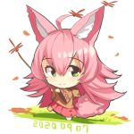  1girl ahoge animal animal_ear_fluff animal_ears autumn_leaves bangs barefoot blush brown_jacket bug chibi closed_mouth commentary_request dated dragonfly eyebrows_visible_through_hair fox_ears fox_girl fox_tail full_body green_eyes hair_between_eyes highres holding hood hood_down hooded_jacket insect jacket long_hair long_sleeves original pink_hair pleated_skirt red_skirt skirt smile solo standing standing_on_one_leg tail very_long_hair white_background wide_sleeves yuuji_(yukimimi) 