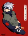  1boy absurdres artist_name black_eyes book character_name fingerless_gloves forehead_protector gloves hatake_kakashi highres holding holding_book hymenopuscoronatus long_sleeves looking_at_viewer mask naruto naruto_(series) pants pouch red_background shadow simple_background sleeves_rolled_up solo spiky_hair thigh_pouch twitter_username vest watermark white_hair 
