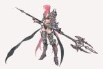  1girl armor bikini black_bikini black_legwear closed_mouth collarbone eyeshadow gradient gradient_background greaves grey_background heart highres holding holding_polearm holding_spear holding_weapon long_hair makeup original pauldrons pink_eyes pink_eyeshadow pink_hair polearm shoulder_armor solo spear standing swimsuit thigh-highs trident vambraces very_long_hair weapon yuho_kim 