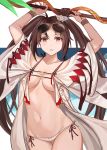 1girl absurdres arms_up bikini blue_sky blush breasts breasts_apart brown_eyes brown_hair cape clouds collarbone consort_yu_(fate) eyewear_on_head fate/grand_order fate_(series) hair_ornament highres holding holding_spear holding_weapon long_hair looking_at_viewer lowleg lowleg_bikini medium_breasts midriff mikaso_(micylu0117) navel polearm side-tie_bikini sky solo spear sunglasses swimsuit twintails very_long_hair weapon white_bikini white_cape wrist_straps yu_miaoyi_(swimsuit_lancer) 