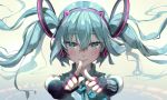  1girl aqua_eyes aqua_hair bangs bare_shoulders blush closed_mouth commentary eyelashes fingerless_gloves floating_hair gloves hatsune_miku long_hair looking_at_viewer nail_polish smile solo syuri22 tied_hair twintails upper_body vocaloid 