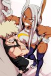  1boy 1girl absurdres against_wall age_difference animal_ears arm_up assertive bakugou_katsuki bangs bare_arms bare_shoulders biceps blonde_hair blush boku_no_hero_academia breasts camisole commentary crossed_arms dark_skin embarrassed english_commentary evil_eyes evil_grin evil_smile eyebrows_visible_through_hair eyelashes eyes_visible_through_hair fang forehead foreshortening from_above fur_collar gloves grey_hair grin hand_on_hip hand_on_wall height_difference highres large_breasts leaning_forward leotard long_eyelashes long_hair looking_at_another medium_hair mirko nisego nose_blush open_mouth pants rabbit_ears rabbit_girl red_eyes shoes signature smile spiky_hair standing standing_on_one_leg superhero taut_leotard teeth thick_thighs thigh-highs thighs toned toned_male v-shaped_eyebrows wall wall_slam 