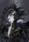  1girl absurdres black_feathers black_lips brown_eyes cape eyeliner eyeshadow feather_trim feathers helmet highres lips lipstick looking_at_viewer makeup nishihara_isao original solo white_skin 