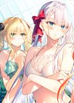  2girls :t bare_arms bare_shoulders bikini blonde_hair blue_eyes bow braid breasts collarbone crossed_arms earrings green_bikini green_eyes hair_bow halter_top halterneck highres jewelry looking_at_viewer lyseria_christaria medium_breasts multiple_girls official_art pout regina_(seiken_gakuin_no_maken_tsukai) seiken_gakuin_no_maken_tsukai sidelocks stomach string_bikini sweatdrop swimsuit toosaka_asagi twintails upper_body v-shaped_eyebrows white_bikini white_hair 