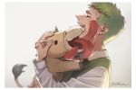  2boys carrying closed_eyes commentary green_hair horse hug kafka_sunbeam konjiki_no_gash!! licking long_sleeves male_focus multiple_boys open_mouth otton smile tongue twitter_username umagon_(konjiki_no_gash!!) vest 