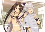  1boy 1girl :&lt; :d aisawa_natsu arm_on_shoulder bikini blush breasts brown_eyes brown_hair cape chinese_clothes closed_eyes commentary_request consort_yu_(fate) earrings eyebrows eyewear_on_head fate/grand_order fate_(series) gao_changgong_(fate) glasses jewelry long_hair multiple_earrings open_mouth photo_(object) shirt small_breasts smile sunglasses swimsuit under_boob v very_long_hair white_bikini white_cape white_shirt wrist_straps wristband yu_miaoyi_(swimsuit_lancer) 