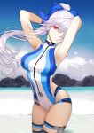  1girl armpits arms_behind_head bangs blue_bow blue_swimsuit blush bow breasts fate/grand_order fate_(series) floating_hair hair_between_eyes hair_bow highleg highleg_swimsuit large_breasts lloule long_hair looking_at_viewer one-piece_swimsuit ponytail red_eyes silver_hair smile swimsuit thighs tomoe_gozen_(swimsuit_saber)_(fate) two-tone_swimsuit white_swimsuit wind 