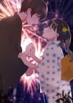  1boy 1girl absurdres black_hair black_kimono blurry blurry_background blush eye_contact fireworks flower hair_flower hair_ornament hetero highres holding_hands japanese_clothes kimono long_hair looking_at_another momonokan09 night night_sky obi sash sky smile standing summer_festival violet_eyes white_kimono 