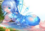  1girl ass barefoot blue_dress blue_eyes blue_hair cirno commentary day dress flower food grass hair_ribbon hibari_hina highres in_water looking_at_viewer looking_back lying mouth_hold on_stomach outdoors partially_submerged pinafore_dress popsicle ribbon see-through short_hair solo touhou twitter_username wet wet_clothes wings 