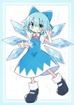  1girl :q asameshi black_footwear blue_border blue_bow blue_dress blue_eyes blue_hair blush_stickers border bow cirno detached_wings dress full_body hair_bow hands_up highres ice ice_wings loose_socks neck_ribbon red_neckwear ribbon shirt shoes short_hair short_sleeves socks solo tongue tongue_out touhou white_background white_legwear white_shirt wings 