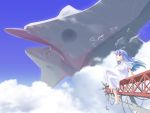  1girl ahoge aircraft aqua_hair bad_id barefoot breasts closed_mouth clouds dress flying full_body highres long_hair looking_up mahiro_(radio_zonde) makku~ medium_breasts radio_zonde red_eyes short_sleeves sitting sky solo sundress wallpaper white_dress 