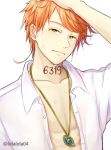  1boy arm_up artist_name bangs closed_mouth collar collarbone collared_shirt emma_(yakusoku_no_neverland) genderswap genderswap_(ftm) green_eyes hand_on_own_head highres jewelry lidatan looking_at_viewer male_focus necklace open_clothes open_shirt orange_hair shirt short_hair simple_background solo tattoo water_drop wet wet_hair white_background white_shirt yakusoku_no_neverland 