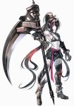  1girl bare_shoulders black_hair chain clawed_gauntlets closed_mouth gauntlets grey_background hair_over_one_eye huge_weapon long_hair multicolored multicolored_hair navel original pale_skin pink_eyes pink_hair pointy_ears ponytail scythe simple_background solo standing sushi_(sashimise) very_long_hair weapon 