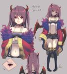  1girl bare_shoulders boots character_name character_sheet demon_girl demon_horns demon_wings eyes_visible_through_hair fang gold_trim grey_background highres horns long_hair midriff nagase_kei navel original purple_hair red_eyes short_shorts shorts skin_fang suspenders tearing_up thigh-highs thigh_boots wavy_mouth wings 