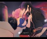  belt black_hair blurry blurry_background bush closed_eyes couple dress earrings estellise_sidos_heurassein highres holding_another jewelry kiss long_hair pink_hair pirorr short_hair surprise_kiss surprised tales_of_(series) tales_of_vesperia tears wide-eyed yuri_lowell 