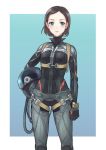  1girl ace_combat ace_combat_7 alma_a_shilage aqua_background blue_eyes bodysuit breasts brown_hair buckle cable child harness holding looking_at_viewer mask oxygen_mask parted_lips pilot pilot_helmet pilot_suit short_hair small_breasts takato15_c tube 
