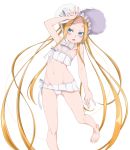  1girl abigail_williams_(fate/grand_order) abigail_williams_(swimsuit_foreigner)_(fate) ass_visible_through_thighs bangs barefoot bikini blonde_hair blue_eyes blush bonnet bound fate/grand_order fate_(series) flat_chest highres long_hair navel open_mouth parted_bangs senbei_(avocadochaya) simple_background swimsuit very_long_hair white_background white_bikini 