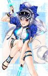  1boy 1girl bangs blue_bow blue_jacket blue_swimsuit blush bow breasts dual_wielding energy_sword fate/grand_order fate_(series) grey_hair hair_between_eyes hair_bow head_mounted_display headphones highleg highleg_swimsuit holding jacket large_breasts long_hair looking_at_viewer one-piece_swimsuit open_mouth ponytail red_eyes short_hair short_sleeves silver_hair smile swimsuit sword thighs tomoe_gozen_(fate/grand_order) tomoe_gozen_(swimsuit_saber)_(fate) two-tone_swimsuit weapon white_swimsuit yagyuu_munenori_(fate/grand_order) yuuse_kouichi 