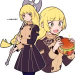  1girl artist_name blonde_hair blue_legwear closed_mouth do_m_kaeru fire_emblem fire_emblem:_three_houses food garreg_mach_monastery_uniform green_eyes hamburger highres holding ingrid_brandl_galatea long_hair long_sleeves multiple_views open_mouth simple_background uniform white_background 