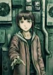  1girl abe_yoshitoshi air_conditioner asymmetrical_hair brown_eyes brown_hair expressionless hair_ornament hairclip highres iwakura_lain jacket looking_at_viewer medium_hair official_art pipes serial_experiments_lain solo wall x_hair_ornament 