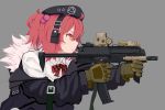  1girl acog aiming beret bow bowtie candy finger_on_trigger food food_in_mouth fur_collar girls_frontline gloves grip gun h&amp;k_mp7 hat highres jacket laser_pointer lollipop mp7_(girls_frontline) myomu orange_eyes pink_hair solo submachine_gun weapon 