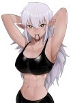  1girl abs breasts eungi hair_tie_in_mouth highres large_breasts long_hair looking_at_viewer midriff mouth_hold navel original pointy_ears solo sports_bra star-shaped_pupils star_(symbol) symbol-shaped_pupils tying_hair white_hair 