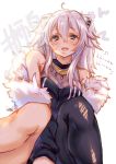  1girl :d ahoge animal_ears bare_shoulders blush breasts earrings eyebrows_visible_through_hair fur-trimmed_jacket fur_trim grey_eyes grey_hair hair_between_eyes highres hololive jacket jewelry knees_together_feet_apart large_breasts lion_ears lion_girl long_hair looking_at_viewer necklace open_mouth shirt shishiro_botan single_leg_pantyhose sitting smile solo virtual_youtuber wara@ 