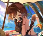  1girl animal_ears bangs barefoot beach black_swimsuit blush bone_hair_ornament braid breasts brown_eyes brown_hair day dog_ears dog_girl dog_tail eyebrows_visible_through_hair feet_up hair_between_eyes hair_ornament hololive hoshara inugami_korone long_hair looking_at_viewer lying on_stomach one-piece_swimsuit open_mouth outdoors round_eyewear smile solo sunglasses swimsuit tail twin_braids virtual_youtuber 