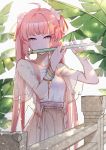  1girl absurdres blue_eyes brown_skirt character_request chen_clear copyright_request flute highres huge_filesize instrument looking_to_the_side music pink_eyes pink_hair playing_instrument skirt solo virtual_youtuber 