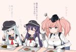  3girls akatsuki_(kantai_collection) anchor_symbol atlanta_(kantai_collection) black_headwear black_sailor_collar black_skirt blue_eyes bowl breasts brown_hair buttons chopsticks closed_mouth collarbone curry curry_rice dated earrings eyebrows_visible_through_hair flat_cap food garrison_cap grey_eyes hair_between_eyes hamburger_steak hat hibiki_(kantai_collection) high-waist_skirt holding holding_chopsticks holding_spoon jewelry kantai_collection large_breasts long_hair long_sleeves masara_(chuujou) multiple_girls neckerchief parted_lips pleated_skirt purple_hair red_neckwear rice rice_bowl sailor_collar school_uniform serafuku shirt silver_hair sitting skirt smile spoon star_(symbol) star_earrings suspender_skirt suspenders translation_request triangle_mouth twitter_username two_side_up white_shirt 
