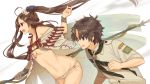  1boy 1girl :o ahoge aisawa_natsu bare_shoulders bikini black_hair blue_eyes breasts brown_eyes brown_hair cape chaldea_pathfinder commentary_request consort_yu_(fate) eyewear_on_head fate/grand_order fate_(series) fujimaru_ritsuka_(male) green_neckwear hair_ornament highres holding holding_spear holding_weapon large_breasts long_hair lowleg lowleg_bikini neckerchief polearm scout_uniform spear sunglasses swimsuit twintails under_boob very_long_hair weapon white_background white_bikini white_cape wrist_straps yu_miaoyi_(swimsuit_lancer) 