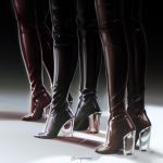  3girls black_footwear boots brown_footwear e7_(runaway162) high_heel_boots high_heels latex legs lineup multiple_girls original out_of_frame red_footwear standing thigh-highs thigh_boots transparent 