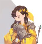  1girl armor belt bow brown_eyes brown_hair closed_mouth cropped gauntlets gem hair_between_eyes hair_bow hands_together long_hair original pauldrons shoulder_armor single_pauldron solo yellow_bow yellow_theme yuho_kim 