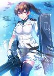  1girl aircraft airplane black_legwear breasts brown_eyes brown_hair commentary_request f-2 f-35_lightning_ii flight_deck helicopter highres japan_maritime_self-defense_force japan_self-defense_force kaga_(jmsdf) kaga_(kantai_collection) kantai_collection large_breasts military phalanx_ciws revision sh-60_seahawk side_ponytail silly_(marinkomoe) thigh-highs tiltrotor torpedo v-22_osprey 