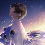  1boy arjuna_(fate/grand_order) brown_eyes brown_hair cape dark_skin dark_skinned_male fate/grand_order fate_(series) gloves hair_between_eyes highres indian_clothes long_sleeves looking_up male_focus sho_480 short_hair smile solo upper_body white_cape white_gloves 