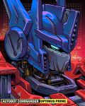  1boy autobot blue_eyes character_name close-up english_commentary highres looking_ahead mecha muhammad_firdaus no_humans optimus_prime signature solo transformers 