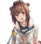  1girl absurdres amco bare_legs brown_eyes brown_hair collarbone highres jacket kantai_collection looking_at_viewer name_tag school_swimsuit short_hair simple_background smile solo swimsuit swimsuit_under_clothes yukikaze_(kantai_collection) 