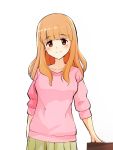  1girl bangs blunt_bangs casual closed_mouth commentary eyebrows_visible_through_hair girls_und_panzer green_skirt light_blush long_hair long_sleeves looking_at_viewer miniskirt nasunael orange_eyes orange_hair pink_sweater pleated_skirt simple_background skirt smile solo standing sweater takebe_saori white_background 