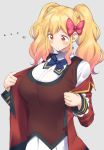  ... 1girl bangs blonde_hair blue_bow blush bow bowtie breasts character_request copyright_request eyebrows_visible_through_hair grey_background highres long_hair long_sleeves mukuba red_bow shirt sidelocks simple_background tagme twintails uniform upper_body white_shirt yellow_eyes 